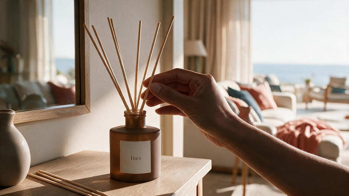 A hand adjusting reeds in an Ines diffuser on a wooden console in a sunlit coastal living room.